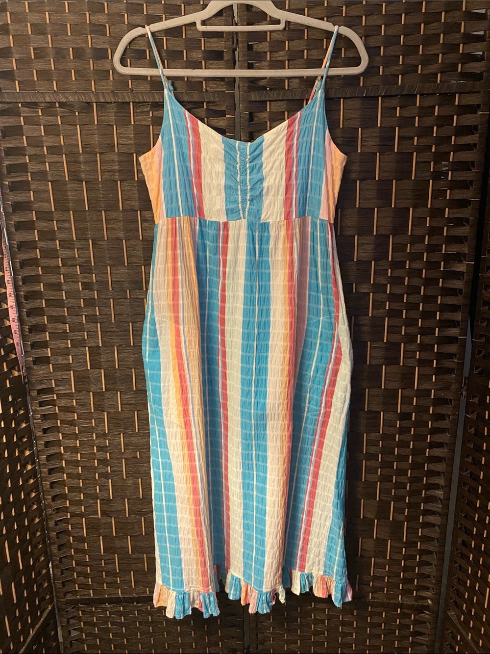 Anthropologie THML Striped Midi Sundress in Blue, Pink & Orange Sz. M 95% Cotton